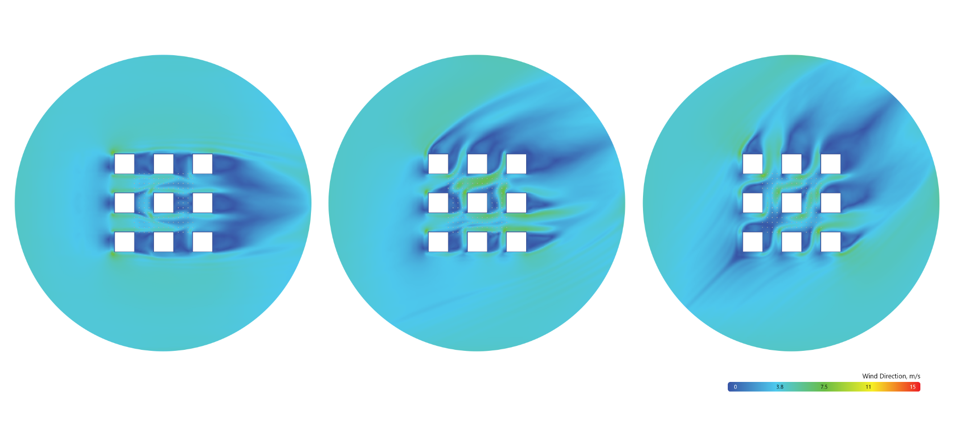 Simulated pedestrian wind speed field for Case C variant 2H at 1 m cells, three wind directions