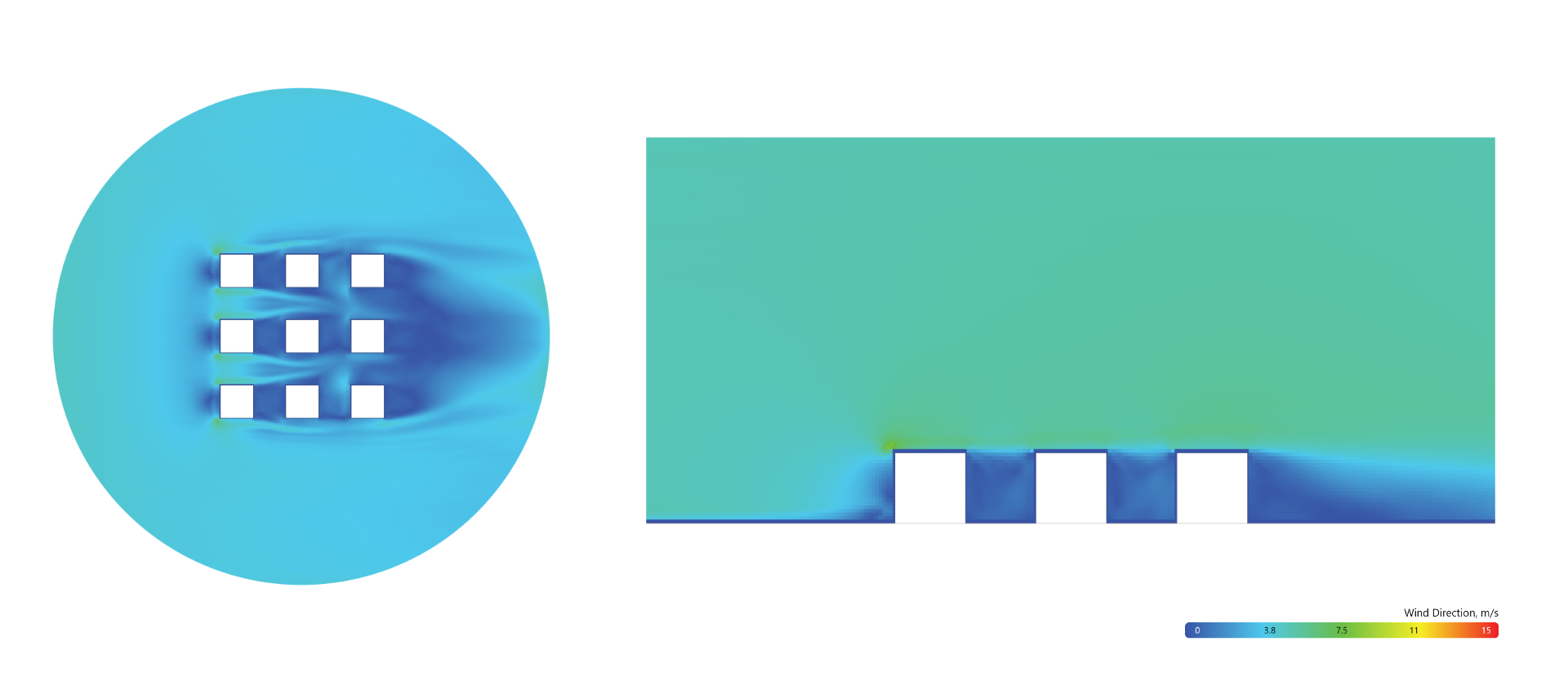 Simulated wind speed field for split-fiber Case 1H at 1 m cells: pedestrian plane (left) and vertical centre plane (right)