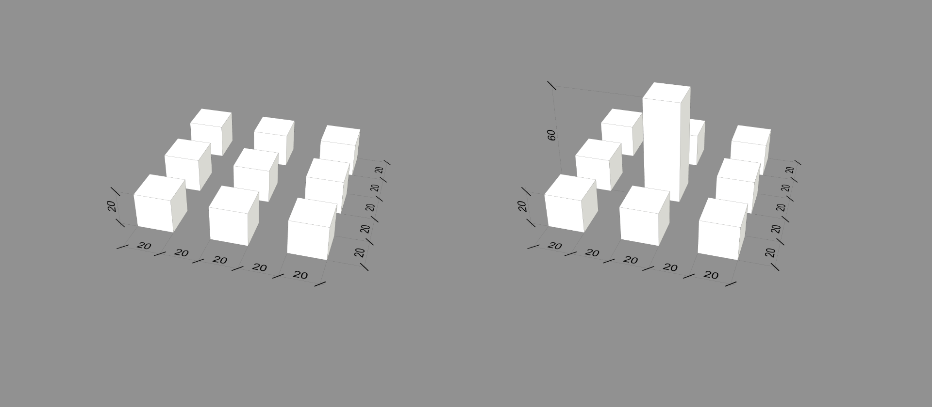 Tominaga-Shirzadi array geometry, two centre variants as axonometric views with dimensions: 1H block and 3H tower