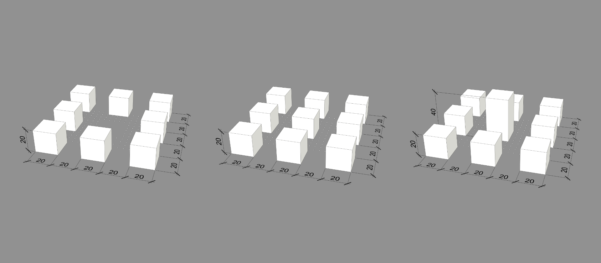 Case C geometry, three centre variants as axonometric views with dimensions: 0H open, 1H block, 2H tower